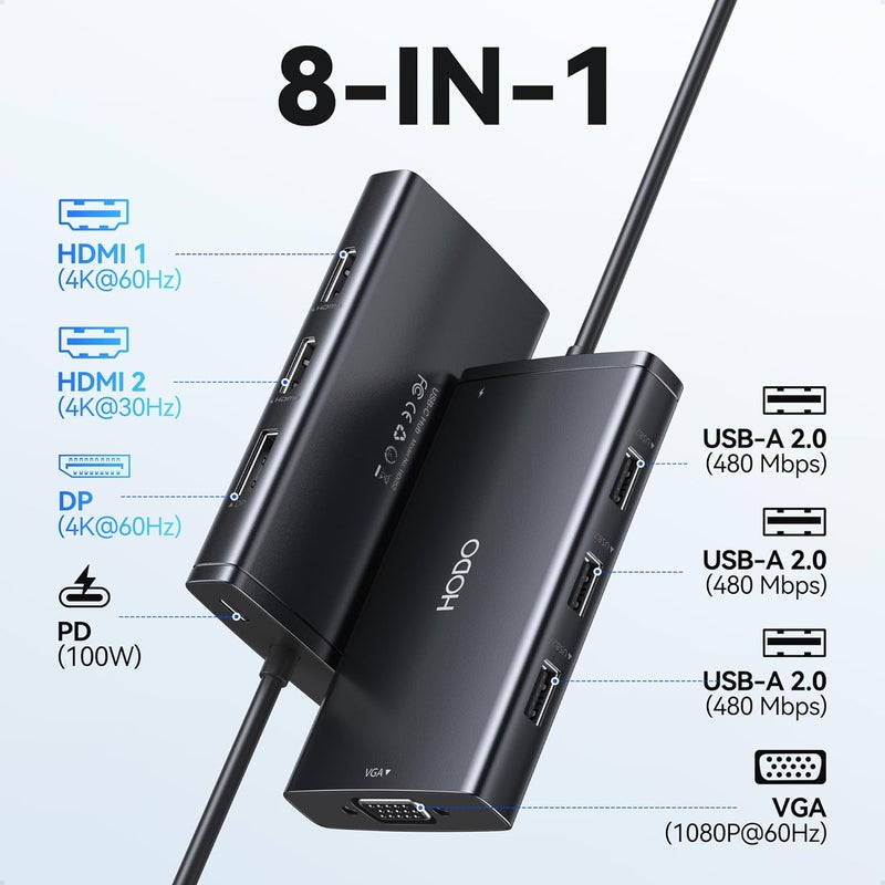 HOdo USB C Docking Station Dual Monitor Adapter for Dell HP, Laptop Docking Station 3 Monitors Quadruple Display USB C Hub Dongle to 4K HDMI+DisplayPort+VGA,3 USB2.0,100W PD, 8 in 1 Thunderbolt Dock - Image 2